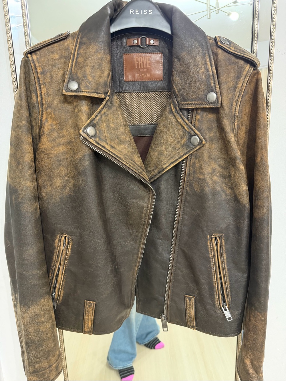 FRYE Brown Distressed Leather Biker Jacket